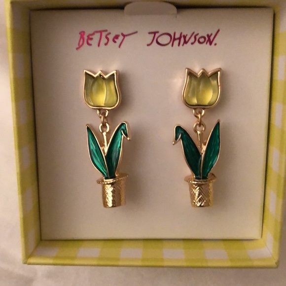 Betsey Johnson Gold Tone Yellow Resin Tulip Drop Earrings NIB - Picture 5 of 10